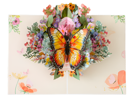 Greeting card with a colorful butterfly and floral design on a wooden surface