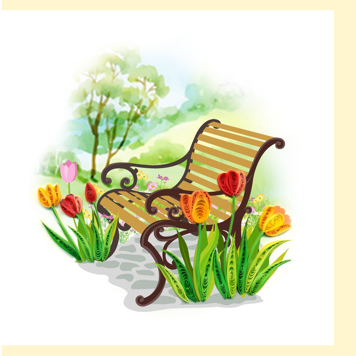 Park Bench and Tulips Quilling Card