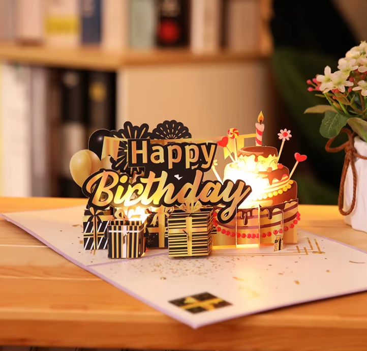 Golden Glamour Birthday Cake - Lights and Sound Pop-Up Card