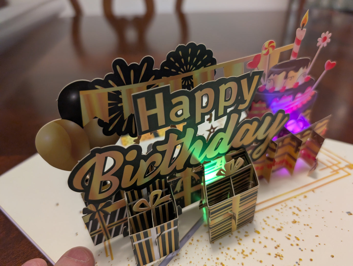 Golden Glamour Birthday Cake - Lights and Sound Pop-Up Card