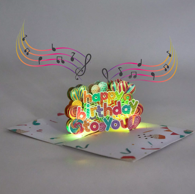 Lollipops and Balloons Happy Birthday - Lights and Sound Pop-Up Card