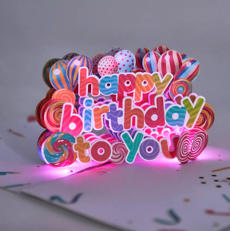 Lollipops and Balloons Happy Birthday - Lights and Sound Pop-Up Card