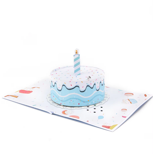 Blow Out the Candle Blue Happy Birthday Cake - Lights and Sound Pop-Up Card