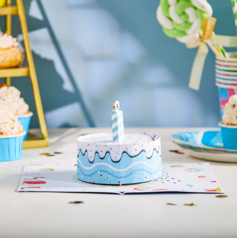 Blow Out the Candle Blue Happy Birthday Cake - Lights and Sound Pop-Up Card