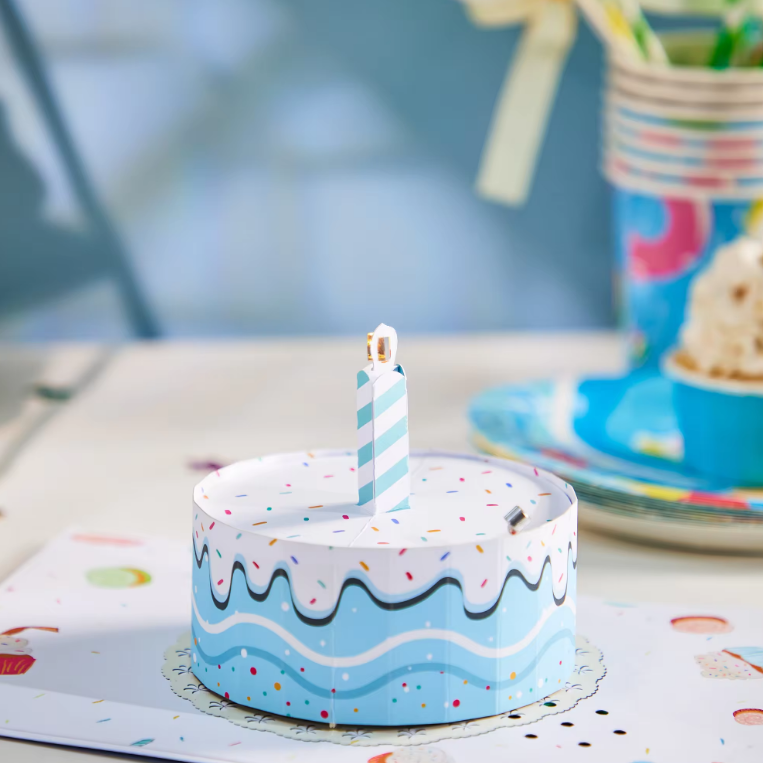 Blow Out the Candle Blue Happy Birthday Cake - Lights and Sound Pop-Up Card