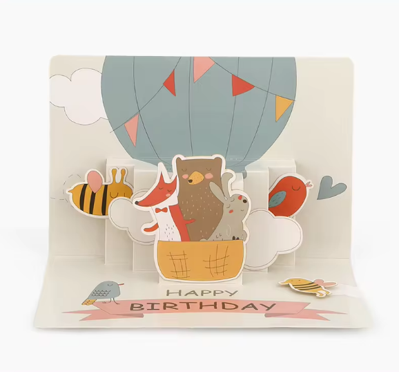 Animals and Hot Air Balloon Happy Birthday Pop-Up Card