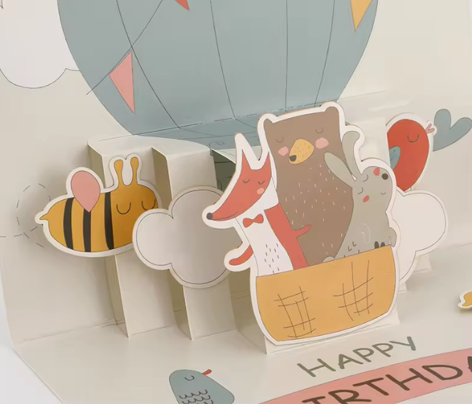 Animals and Hot Air Balloon Happy Birthday Pop-Up Card