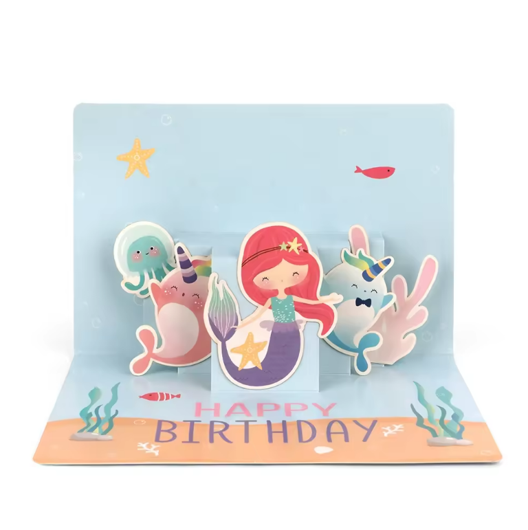 Mermaid and Sea Creatures Happy Birthday Pop-Up Card