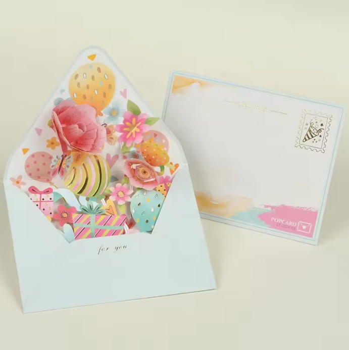 Birthday Balloons and Gifts - Floral Envelope Pop-Up Card