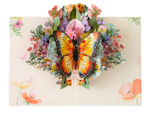 Greeting card with a colorful butterfly and floral design on a wooden surface