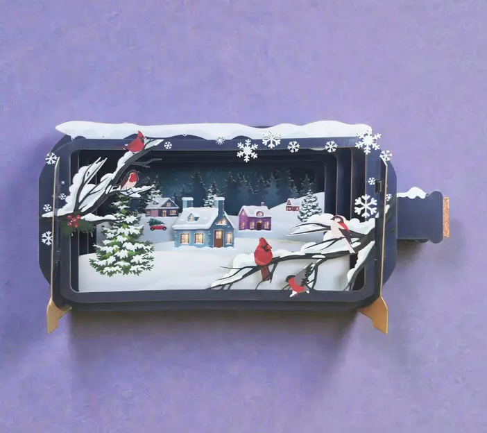 Message in a Bottle - Cozy Cardinals & Snowy Village 3D Pop-Up Card