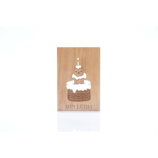 Real Wood Card - Birthday Cat Cake